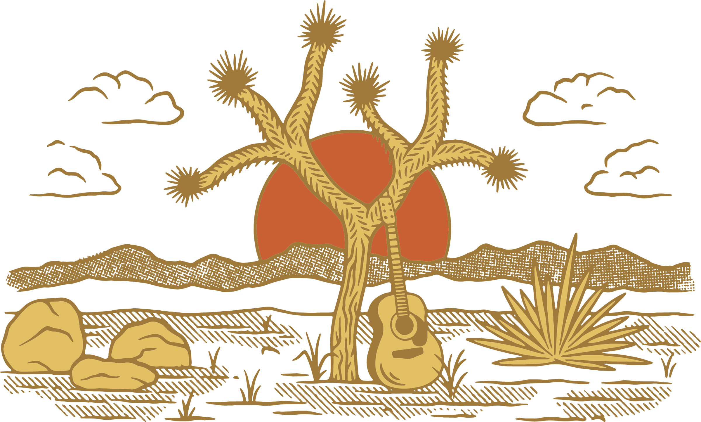 A guitar rests against a cactus with a sunset in the background